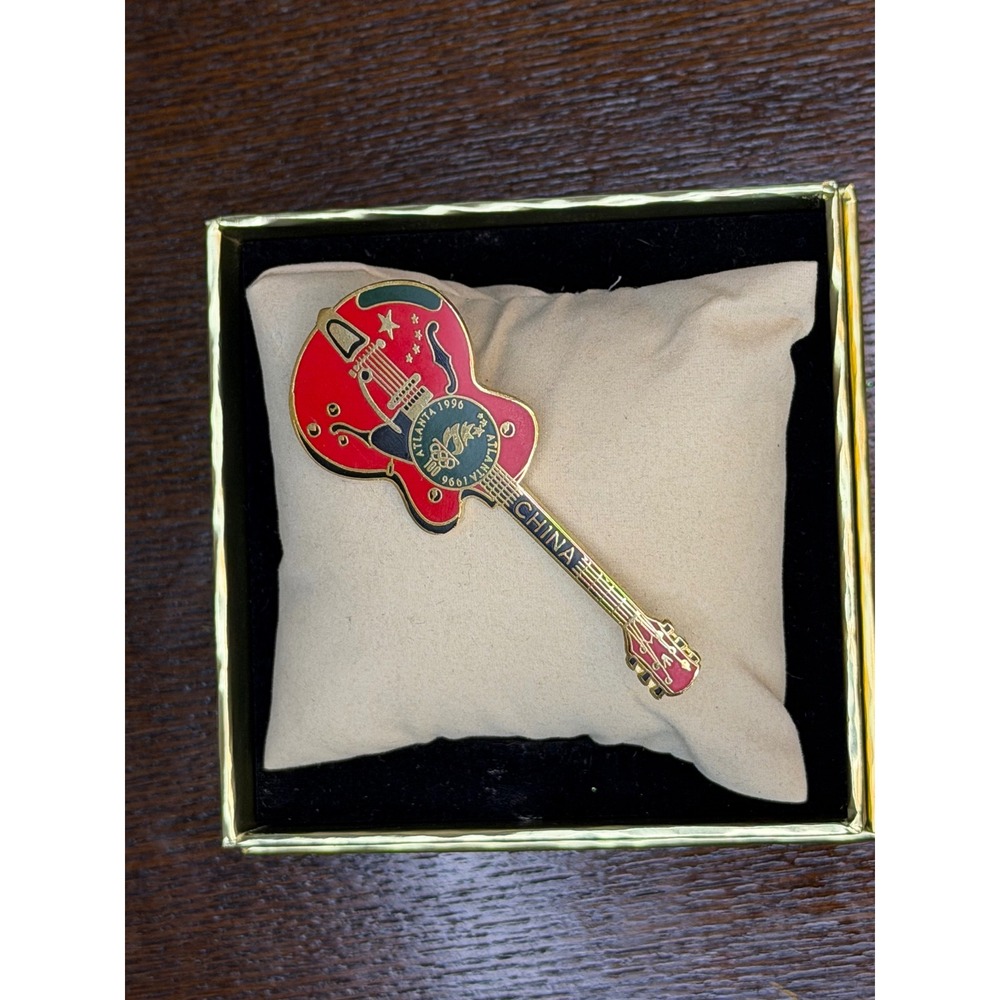 Vintage 1996 Atlanta Olympic Games China Guitar Enamel Pin Red Gold Tone Boxed